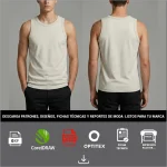 Modelo utilizando, camisilla tipo musculosa, cuello redondo