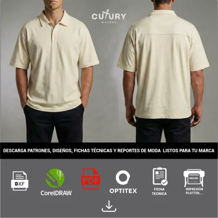 modelo usando polo oversized estilo relajado con cuello y cartera más botones tela algodon 200 gramos color blanco crudo molde patron para confección dxf optitex.
