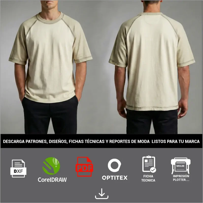 Modelo utilizando camiseta manga ranglan cuello redondo, silueta oversized, descarga el patrón de confección